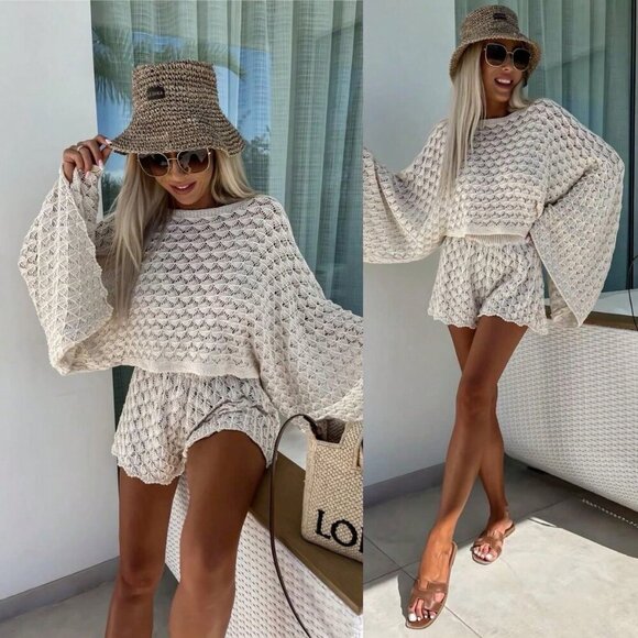Apricot boho Women's Hollow Out Round Neck Long Sleeve Knit Sweater & Short set - Picture 1 of 5